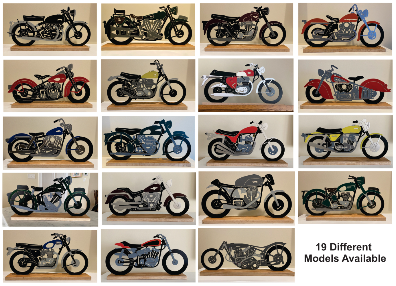 This shows a collage of 19 vintage British and American bikes from the 1900s, painted in their original colors.